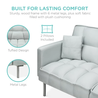 Best Choice Products Convertible Living Room Linen Fabric Tufted Split-Back Futon Sofa W/ 2 Pillows - Image 4