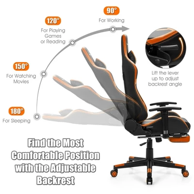 Costway Massage Gaming Chair Reclining Racing Chair With Lumbar Support &Footrest Orange - Image 6