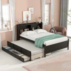 Full/Twin Size Platform Bed With Bookcase Headboard, Twin Size Trundle Bed And Drawers-ModernLuxe