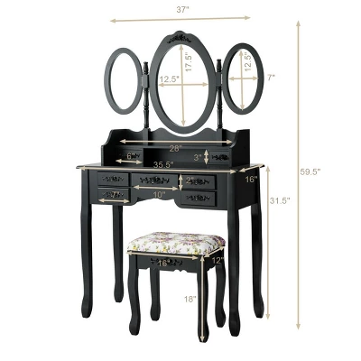 Tangkula Tri-Folding Mirror Vanity Makeup Set Dressing Table & Stool Unit W/ 7 Drawer - Image 2