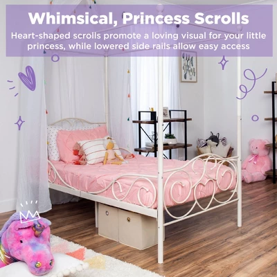 Best Choice Products 4-Post Metal Canopy Twin Bed Frame W/ Heart Scroll Design, 14 Slats, Headboard, Footboard - White - Image 3