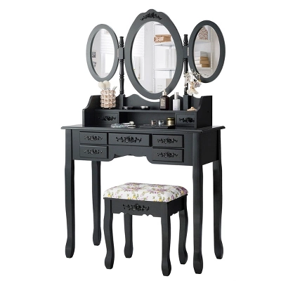 Tangkula Tri-Folding Mirror Vanity Makeup Set Dressing Table & Stool Unit W/ 7 Drawer - Image 5