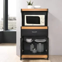 Hodedah Wheeled Kitchen Microwave Island Cart With Pull-Out Drawer And Cabinet Storage, Black-Beech