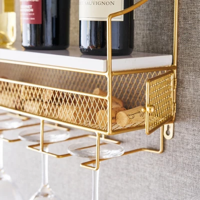 Twine Gold Wall Mounted Wine Rack, Holds 8 Standard Wine Bottles, Wood And Cast Iron, Cork Storage, Holds 5 Wine Glasses, Gold Finish - Image 2