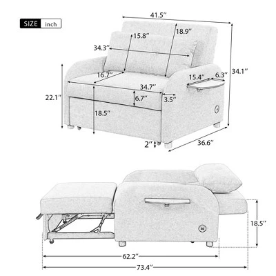 3 In 1 Pull Out Sleeper Sofa With 2 Wing Table And USB Charge-ModernLuxe - Image 3