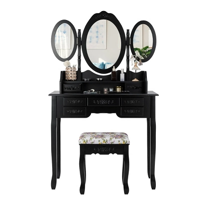 Tangkula Tri-Folding Mirror Vanity Makeup Set Dressing Table & Stool Unit W/ 7 Drawer - Image 6