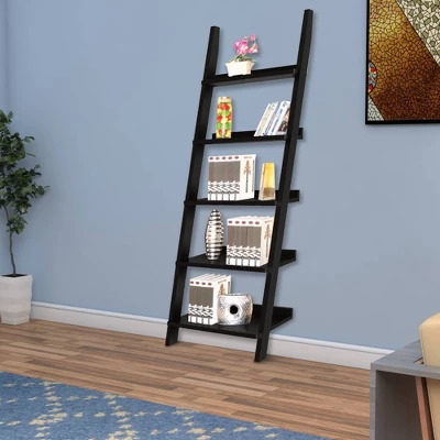 72.25" Exhibiting Modern Ladder Bookshelf Black Universe - Benzara - Image 4