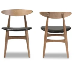 Set Of 2 Edna Mid-Century Modern French Black Faux Leather & Oak Light Brown Finishing Wood Dining Chairs - Baxton Studio