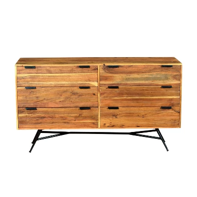 58" Wooden Sideboard With 6 Drawers And Metal Base Brown - The Urban Port