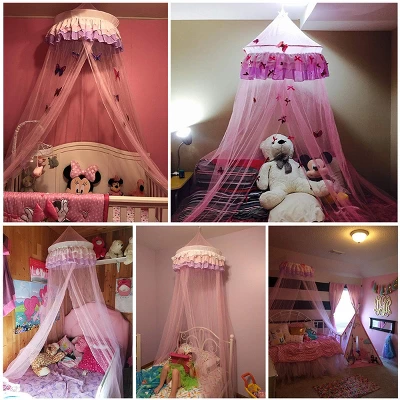 Costway Elegant Lace Bed Mosquito Netting Mesh Canopy Princess Round Dome Bedding Net - Image 3