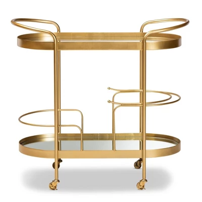 Kamal Glam Brushed Metal And Mirrored Glass 2 Tier Mobile Wine Bar Cart Gold - Baxton Studio