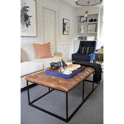 58" Draper Large Bench With Button Tufting Faux Leather Light Brown - HomePop - Image 10