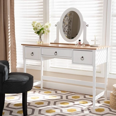 3 Drawer Sylvie Wood Vanity Table With Mirror White - Baxton Studio - Image 5