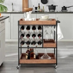 12 Bottles Rustic Walnut Wood And Metal Rolling Farmhouse Style Bar Cart Brown/Black - Danya B.
