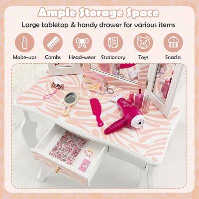Costway Kid Vanity Set Wooden Makeup Table Stool Tri-Folding Mirror Zebra-Stripe Pink - Image 6